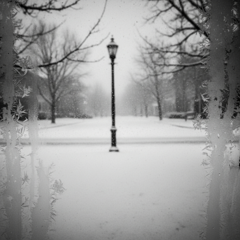 Snowy window view