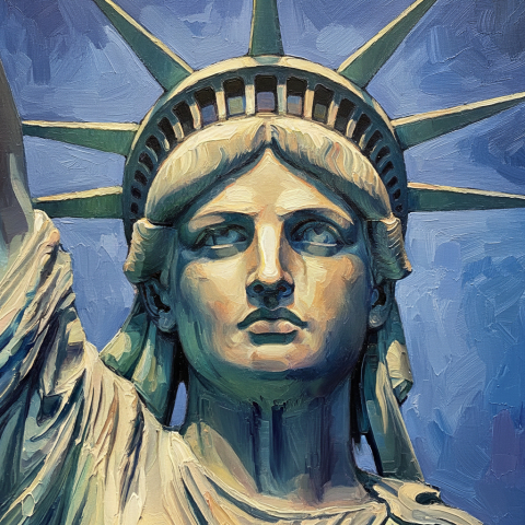 Which iconic New York City figure holds a torch high?