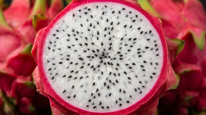 What is this fruit, known for its spiky pink exterior and speckled white flesh?