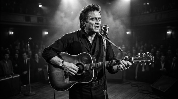 Which iconic 'Man in Black' is known for his deep, booming voice and prison-themed concerts?