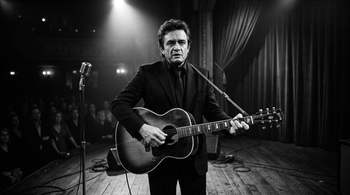 Which iconic 'Man in Black' country singer is known for his deep, bass-baritone voice and songs like 'Folsom Prison Blues'?