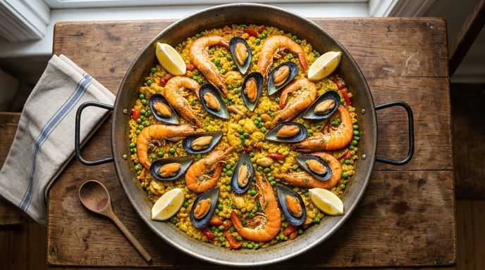 Which popular Spanish dish is this, typically made with saffron-infused rice, seafood, and vegetables?