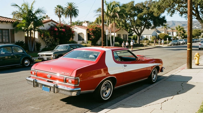 Which iconic '70s detective series featured a cool, street-smart duo patrolling the streets of Bay City in a bright red Ford Gran Torino?