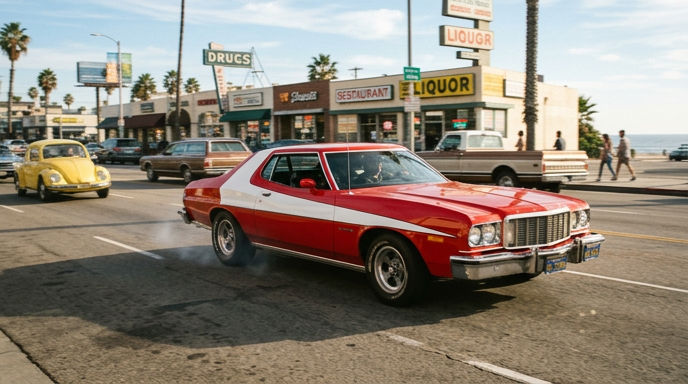 Which iconic '70s detective show featured a stylish Ford Gran Torino and two detectives patrolling the streets of Bay City?